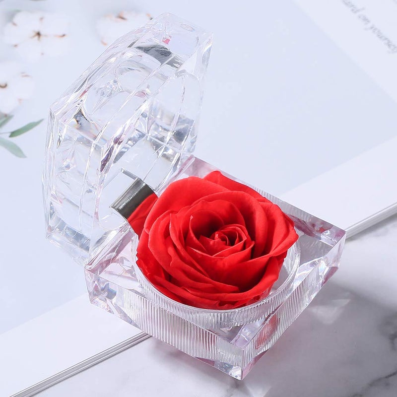 Enchanted Rose in Acrylic Crystal Ring Box, Handmade Real Preserved Fresh Flower Eternity Rose Romantic Gift for Her Mother's Day Surprise Mom Wife (Red) - Image 1